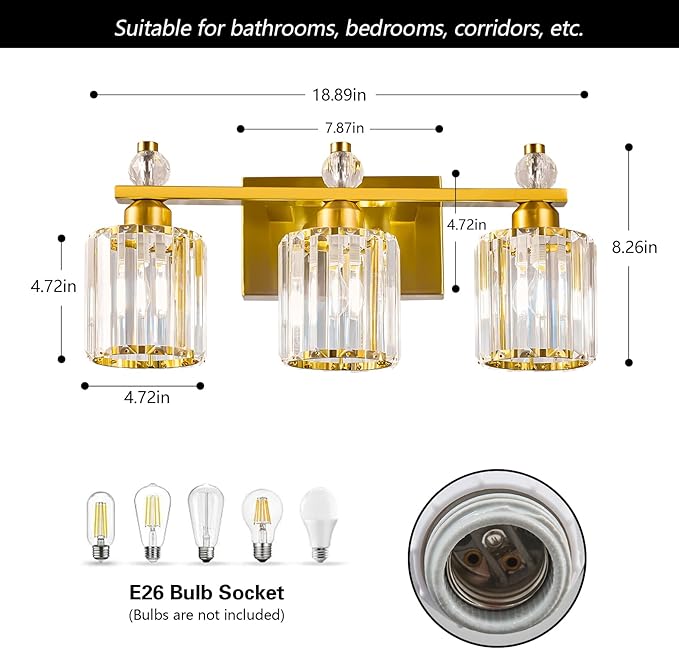 Bathroom Vanity Lights 3-Light Gold Modern Crystal Vanity Light Fixtures Over - Image 5
