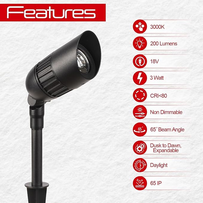 6-Pack Low Voltage LED Landscape Spotlights, 3W 200LM 3000K Warm White Outdoor - Image 2
