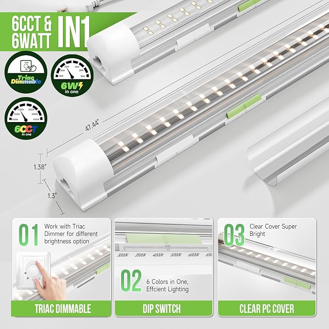 6 Pack Dimmable 4FT Led Shop Lights, 30W 3900LM 3000-6500K Tunable, T8 Led - Image 2