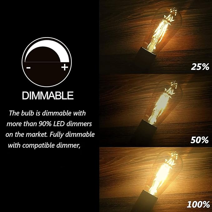 LED Dimmable Edison Light Bulbs 4W, 2200K-2400K Warm White ST64, E26 Base Pack - Image 5