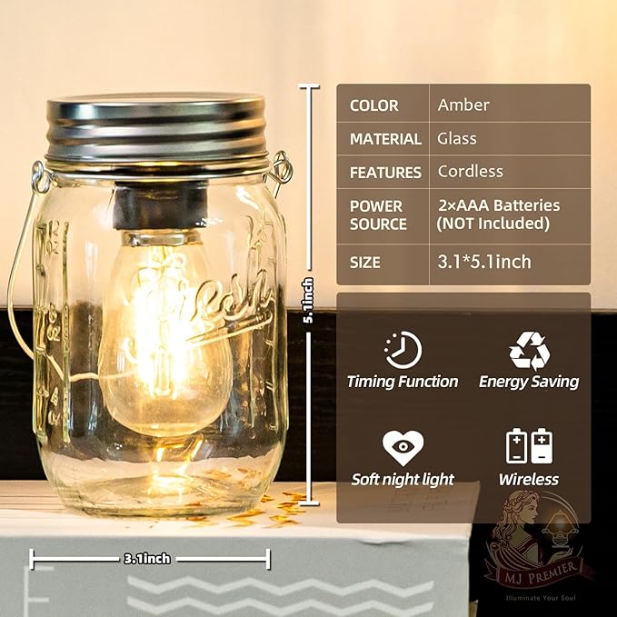 MJ Outdoor Mason Jar Lights Hanging Battery Operated Lamp Timer Cordless Lamps - Image 2