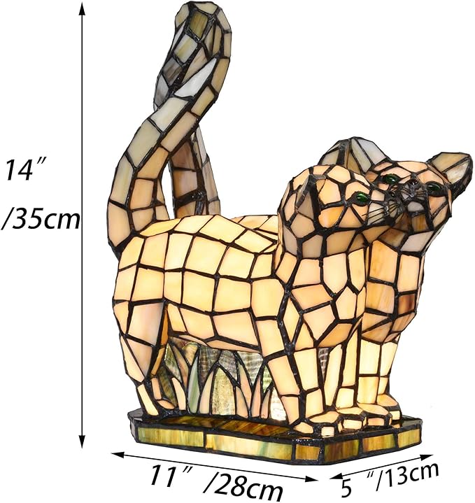 Bieye L10771 Cats in Love Tiffany Style Stained Glass Accent Table Lamp Night - Image 6