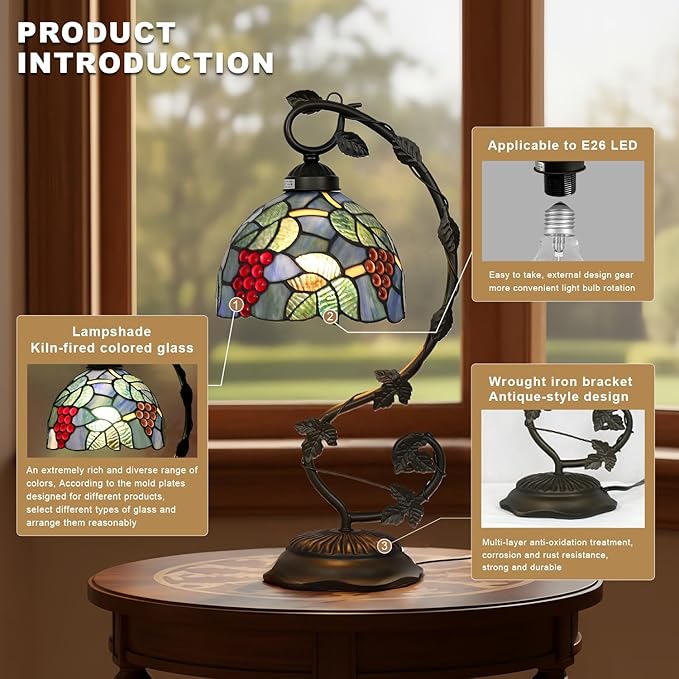 Stained Glass Lamp, Vintage Table Lamp, Living Room, Study（Grape） - Image 5