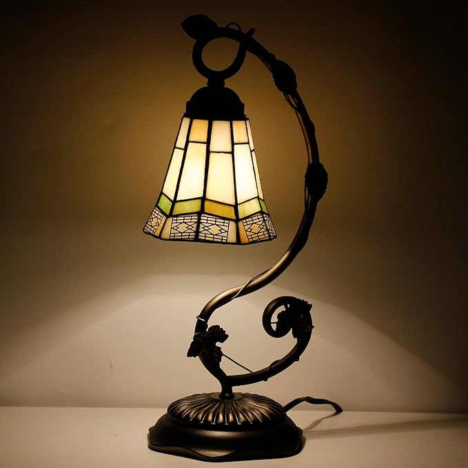 Tiffany Lamp Stained Glass Desk Reading Bedside Light, Metal Leaf Table Lamp by ANYONGLU