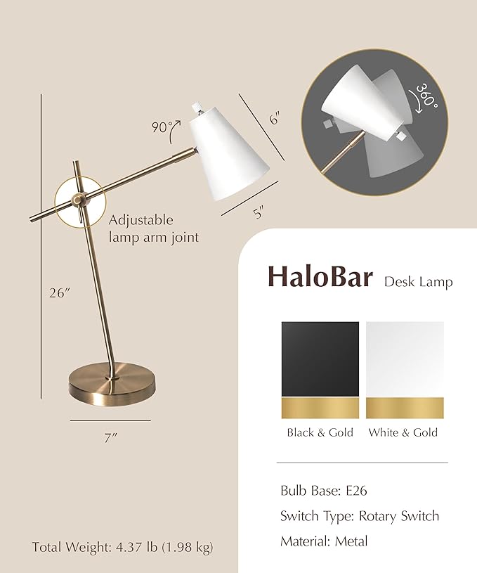 HarvestLand HaloBar Brass Desk Lamp Home Office – White Industrial Table Lamp - Image 7