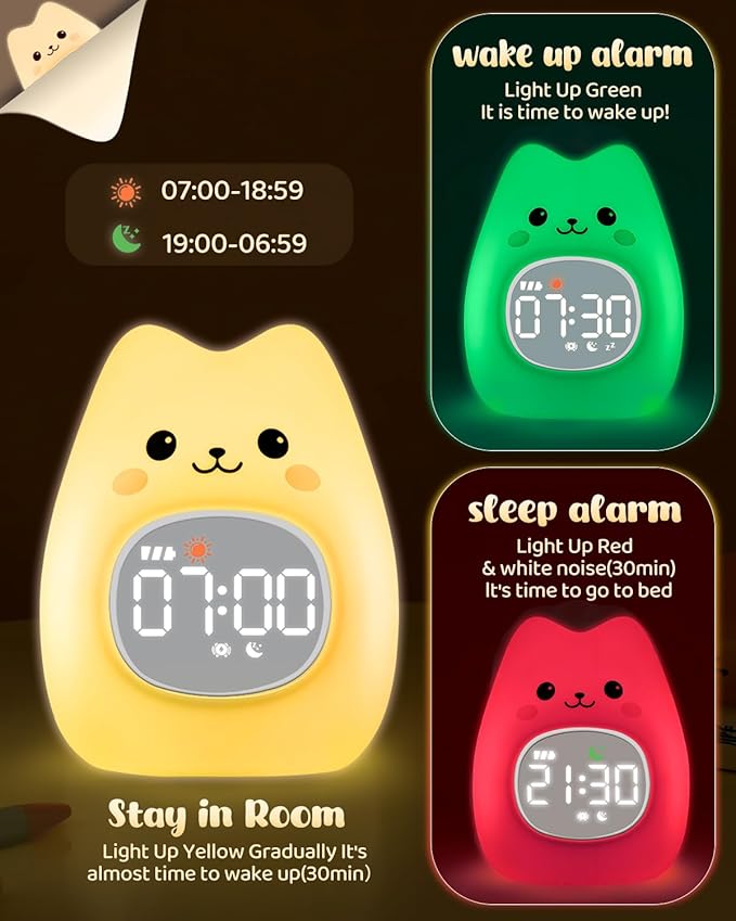 Cat Alarm Clock for Kids with Night Light, Sleep Training Clock Time to Wake - Image 3