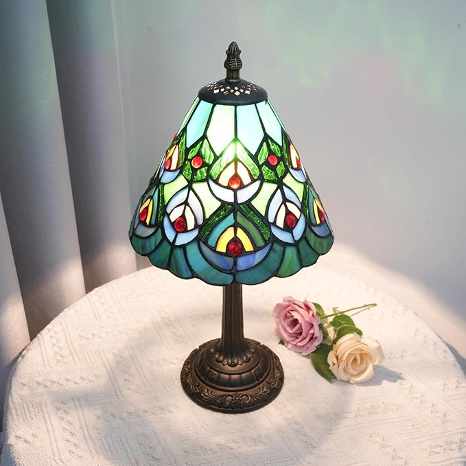 Green Peacock Decor Small Tiffany Style Table Lamp Antique Stained Glass Lamps - Image 5