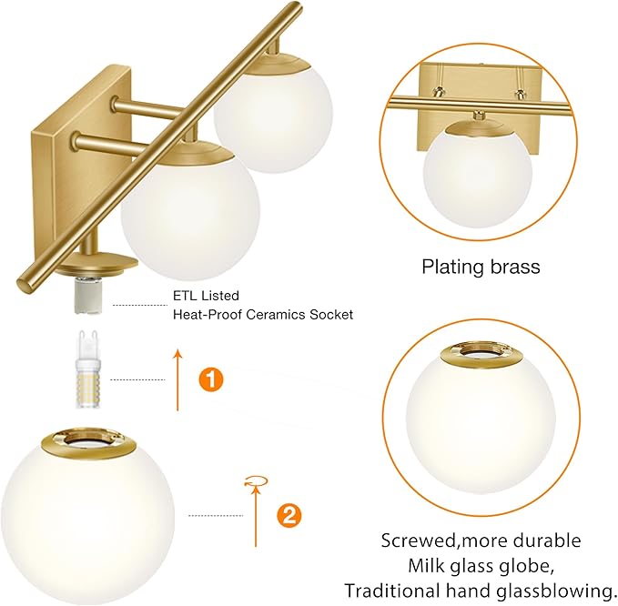 New Bathroom Vanity Light 3 Lights Fixtures Brushed Brass Milk White Globe - Image 3