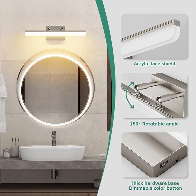 Brushed Nickel Vanity Light, 15.7” Dimmable LED Bathroom Light Bar - Image 8