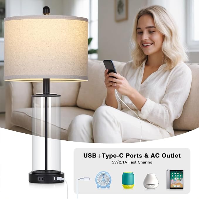 26" Black Glass Table Lamp for Living Room Single, 3-Way Dimmable Bedside Lamps - Image 2