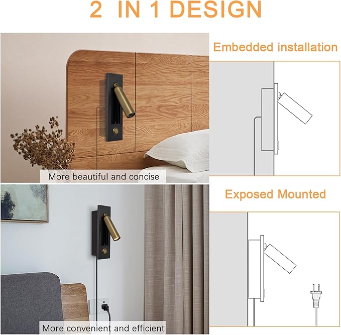 Set of 2 Led Headboard Wall Light, 350°Rotation Portable Plug in Wall Sconce - Image 3