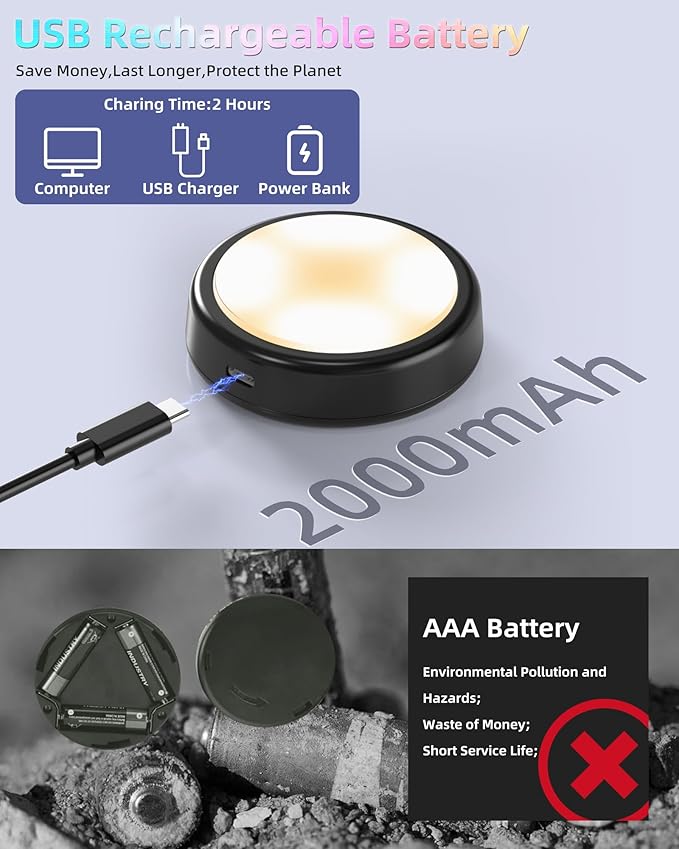 HOLKPOILOT Puck Lights with Remote, Under Cabinet Lights, 2000mAh Battery - Image 2