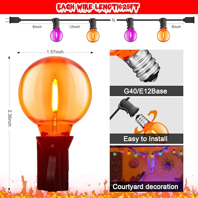 25FT G40 LED Outdoor Halloween String Lights, Hanging Patio Lights - Image 2