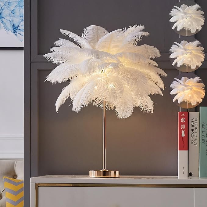 White Ostrich Feather Lamp, 3-Color Temperature Modes, 40 Feathers and 5 G4 LED by LINCWONZ