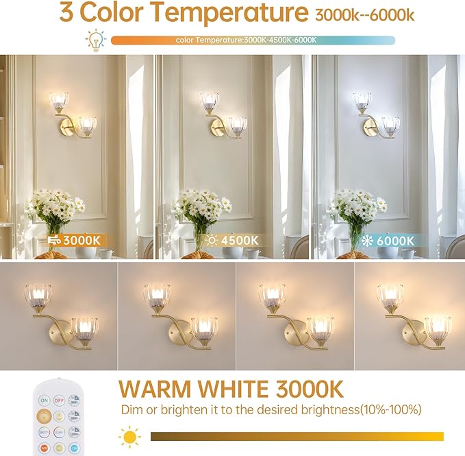 Battery Operated Wall Sconce, 2-Lights Vinatge Brass Wall Lighting - Image 3