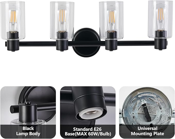 4 Light Bathroom Wall Light Fixtures Black Bathroom Wall Sconce - Image 3