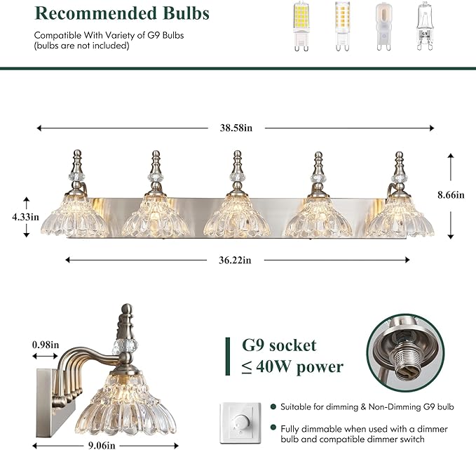 Vintage Bathroom Vanity Light, 5-Light Brushed Nickel Vanity Lighting Fixture - Image 2