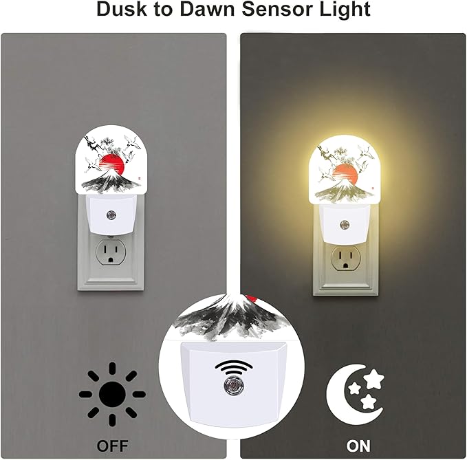 Red Sun Fuji Mountain and Storks Night Light Plug into Wall, Ink Landscape - Image 3