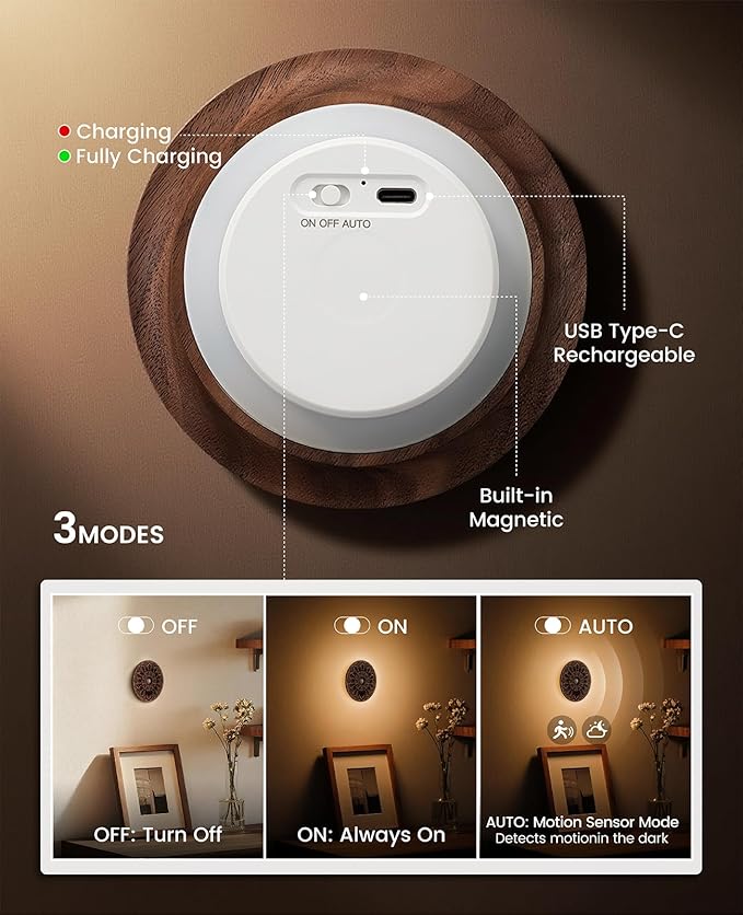 Motion Sensor Night Light Wood USB Rechargeable Stick-On Step Lights Magnetic - Image 3