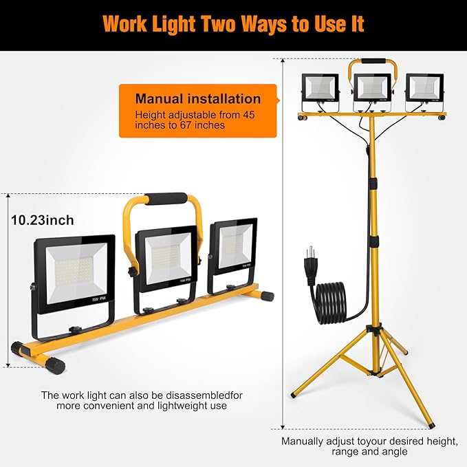 LED Work Lights with Stand, 21000 Lumen, 2-Head Adjustable Work Light, - Image 5