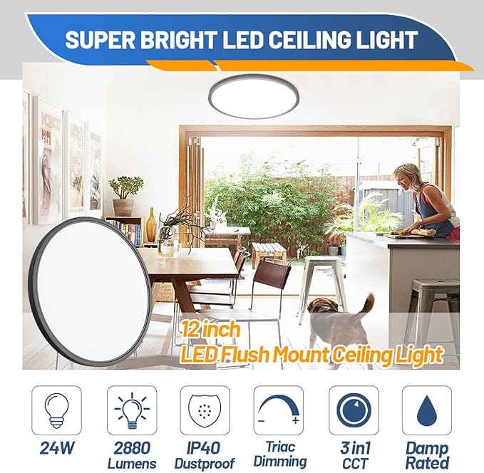 LED Flush Mount Ceiling Light Fixture, Bathroom. Dimmable Ceiling Lamp - Image 2