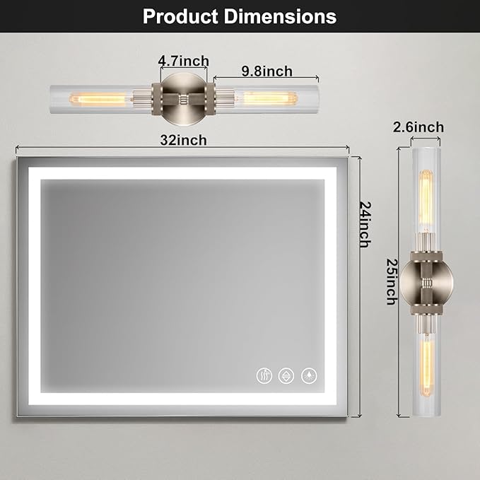 LaLuLa Brushed Nickel Vanity Lights – 2-Light Hardwired Bathroom Light Fixtures - Image 5
