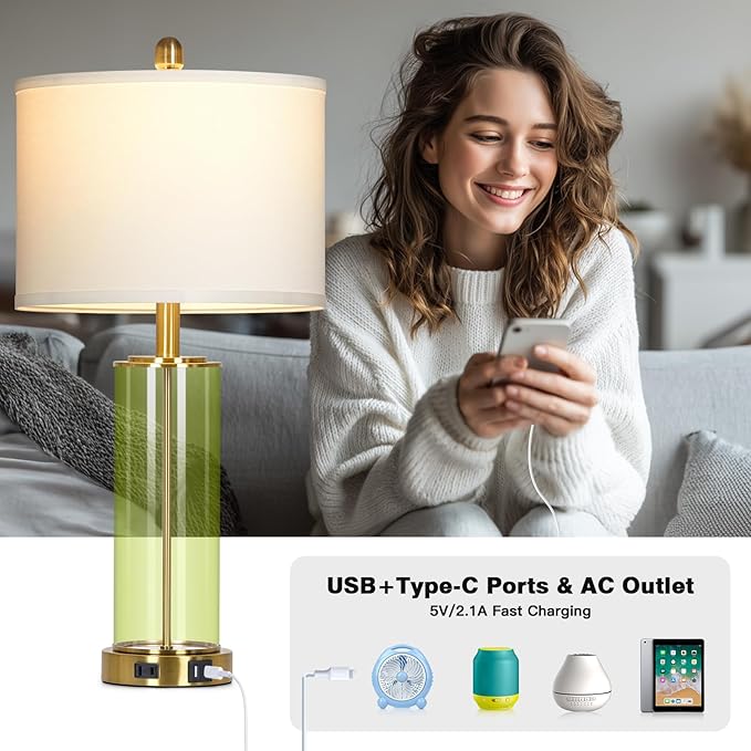 26" Green Glass Table Lamps for Bedside, Modern Living Room Lamps Set of 2 - Image 3