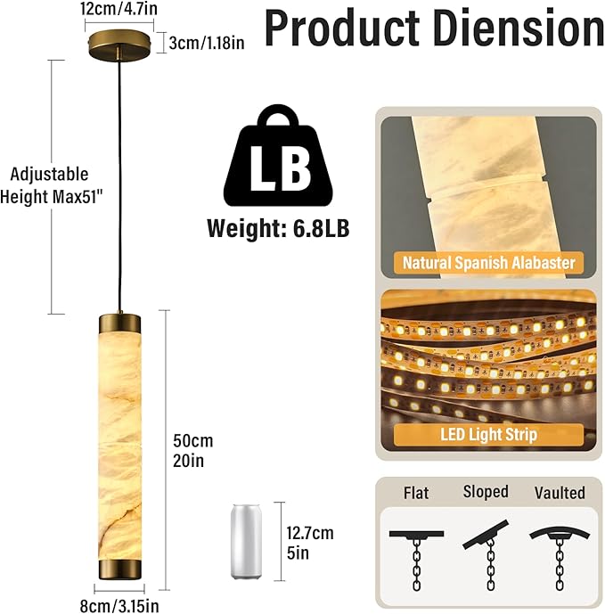 20" Alabaster Pendant Lights, Adjustable Modern Ceiling Light Fixtures - Image 2