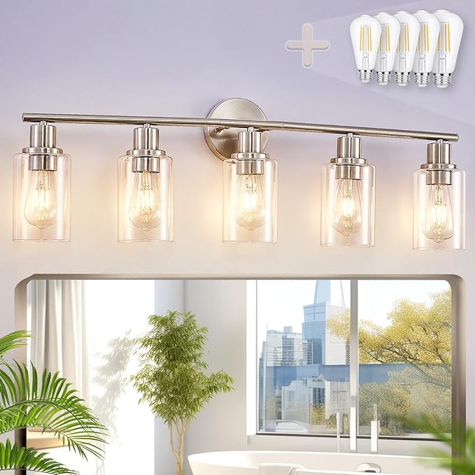 DLLT 5-Light Bathroom Light Fixtures: Nickel Modern Vanity Lights by DINGLILIGHTING