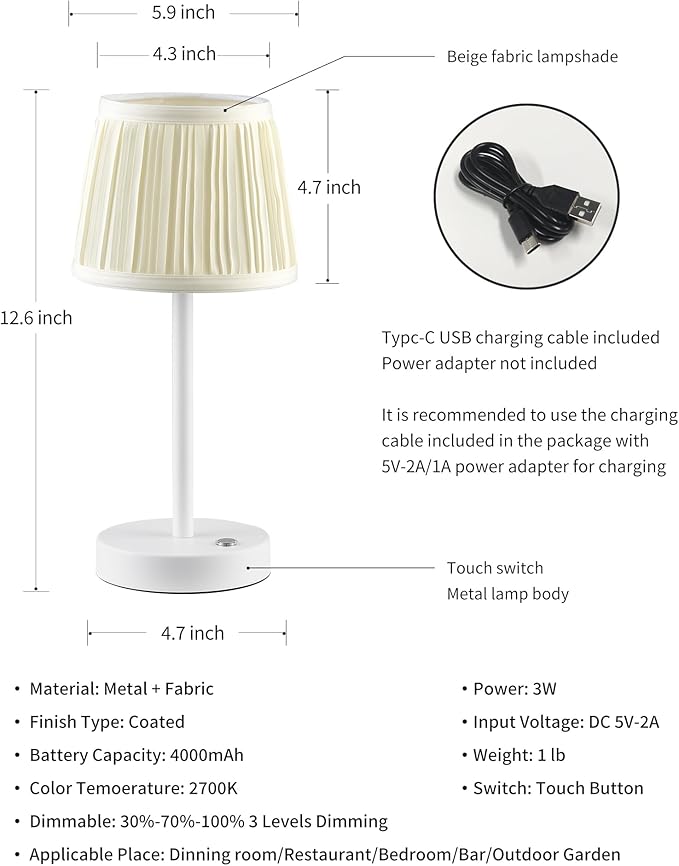 PUSU 2 Pack Cordless LED White Table Lamps, Rechargeable 4000mAh 3 Way Dimmable - Image 5