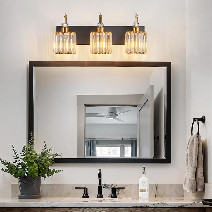 Modern Bathroom Vanity Light 3-Light Black and Gold Crystal Light Fixtures Over - Image 6