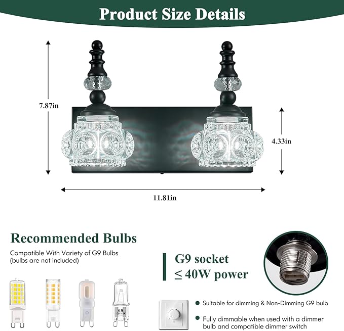 Modern Glass Crystal Bathroom Vanity Light Indoor Wall Lamp Black Vintage Wall - Image 2