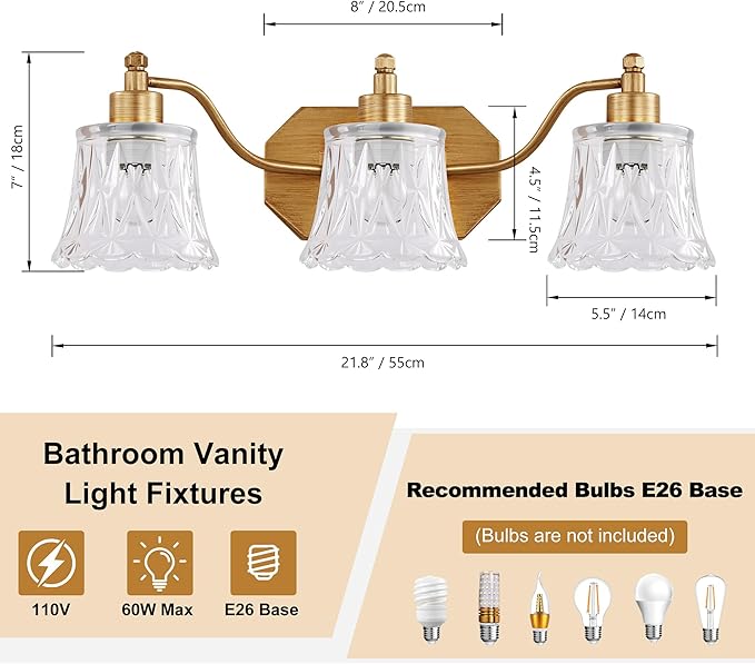 Vintage Bathroom Light Fixtures, 3-Light Gold Vanity Light, Antique Brass Finish - Image 3