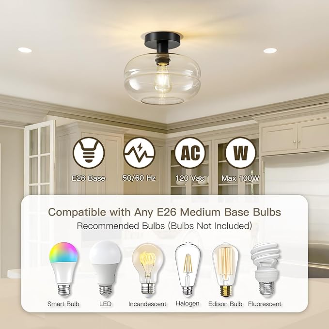 Semi Flush Mount Ceiling Light Fixture, 10-1/2 Inch Clear Glass Shade - Image 7