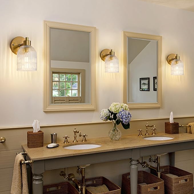 Gold Modern Wall Sconce Set of 2 Glass Bathroom Vanity Lighting Fixture Sconces - Image 2