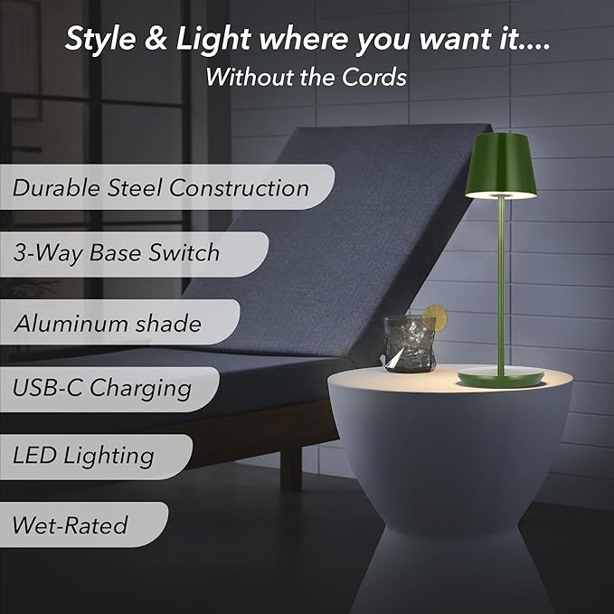 Generation Lighting Mena Accent Rechargeable Table Lamp – 14.5” Green Steel Lamp - Image 2