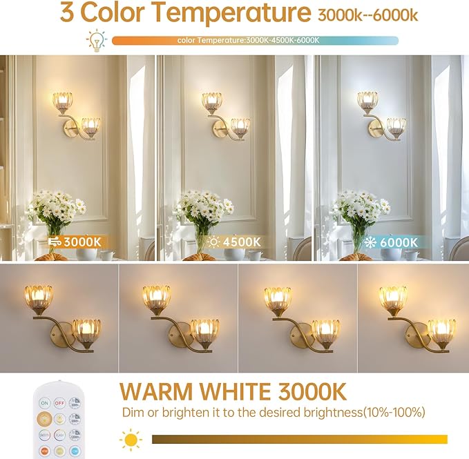 Battery Operated Wall Sconce, 2-Lights Vinatge Brass Wall Lighting - Image 3