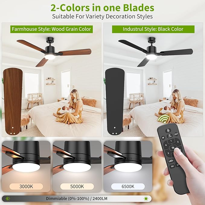 Ceiling Fans with Lights, 52 Inch Low Profile Ceiling Fan with Light and Remote - Image 3