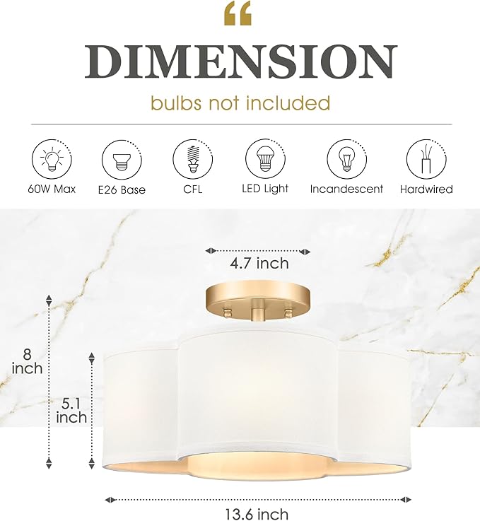 Gold Semi Flush Mount Ceiling Lights, Farmhouse Brass Drum Lighting - Image 3