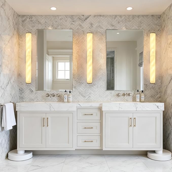 Alabaster Wall Sconces, 18.5" Modern Bathroom Vanity Sconces, Brass Alabaster - Image 3