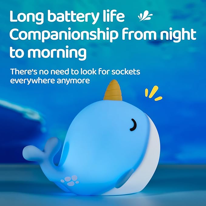 Cute Whale Night Light, Soft Narwhal Silicone LED Night Lamp, Rechargeable - Image 7