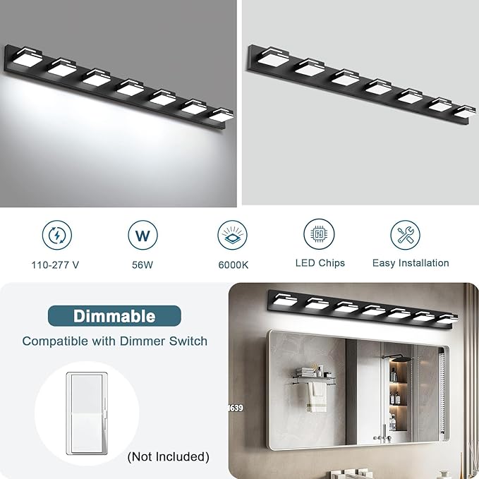 LED Modern Bathroom Vanity Light Fixtures, 7-Light 48-inch Dimmable Matte Black - Image 4
