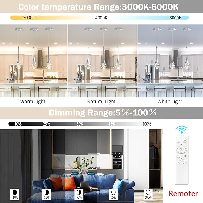 Modern Pendant Lights for Kitchen Island LED Dimmable Crystal Glam Ceiling - Image 9