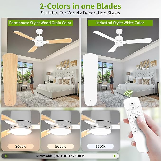 Ceiling Fans with Lights, 52 Inch Low Profile Ceiling Fan with Light and Remote - Image 3