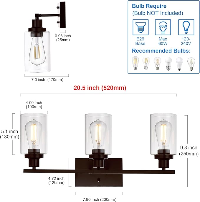 MELUCEE 3 Light Bathroom Vanity Light Oil Rubbed Bronze, Industrial Wall Light - Image 5