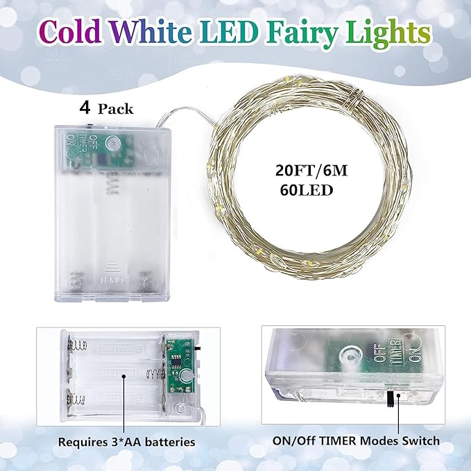 4 Pack 60 LED Christmas Fairy Lights Battery Operated - Image 3