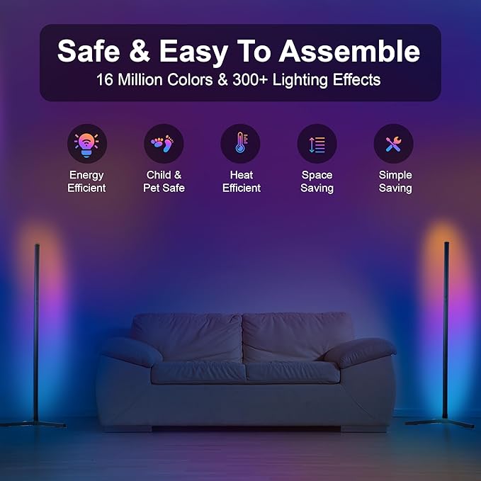 2 Pack Corner Floor Lamp – 57'' Tall RGB Lamp Modern Mood Lighting - Image 2