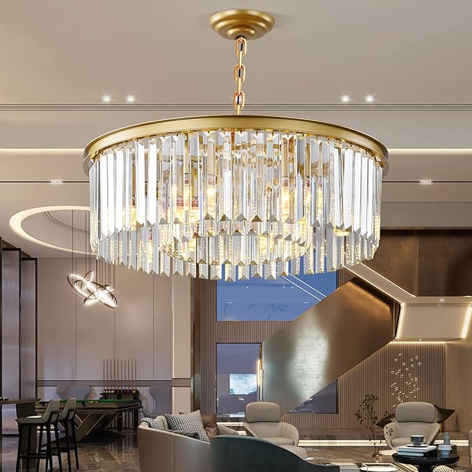 Gold Modern Crystal Chandelier, 2-Tier Round Flush Mount Ceiling Light Fixtures - Image 6
