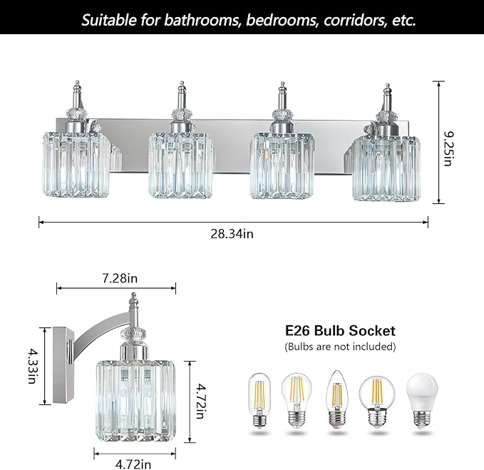 Modern Bathroom Vanity Light 4-Light Chrome Crystal Light Fixtures Over Mirror - Image 4
