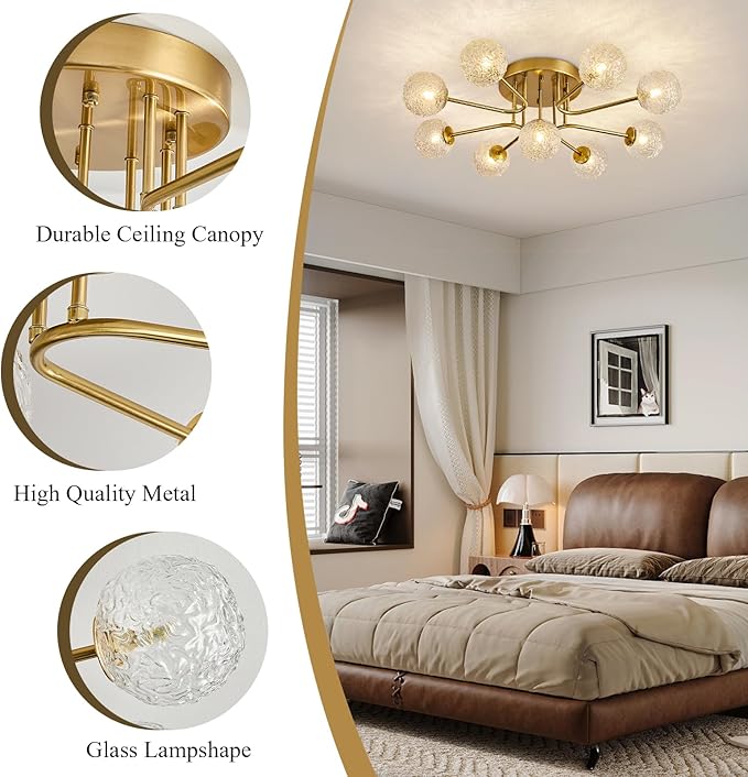 Sputnik Semi Flush Mount Ceiling Light Gold Glass Globe Chandelier Ceiling - Image 5